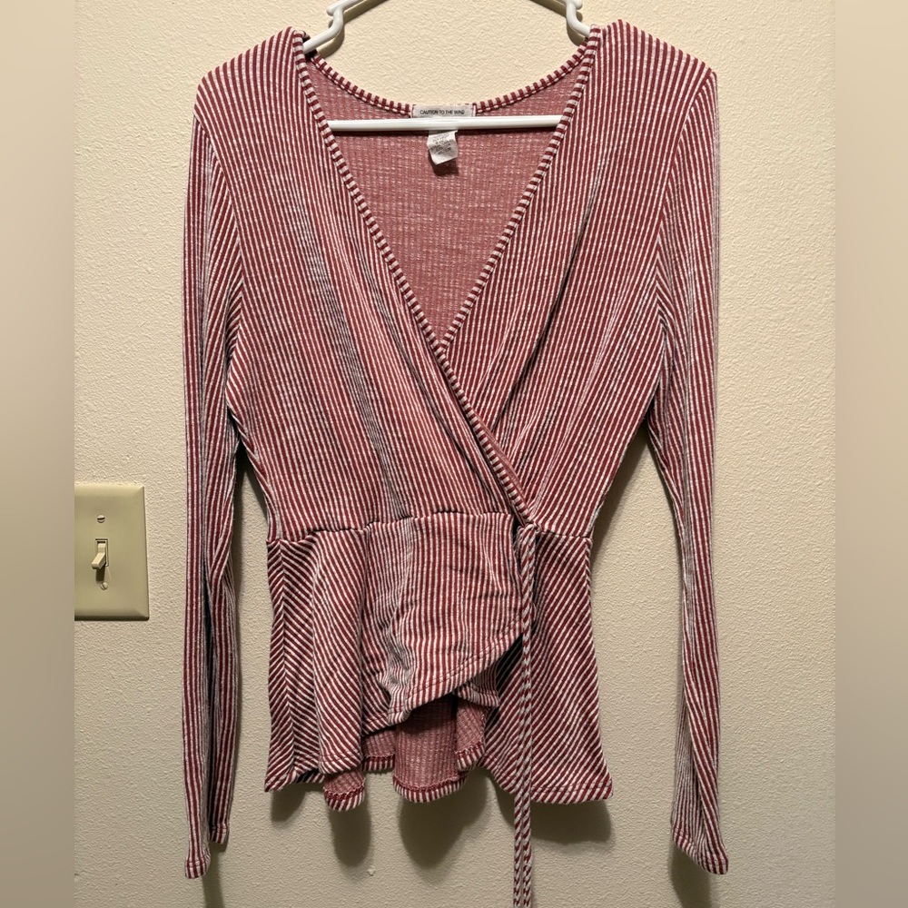 Caution To The Wind Rust and White Striped Wrap Top